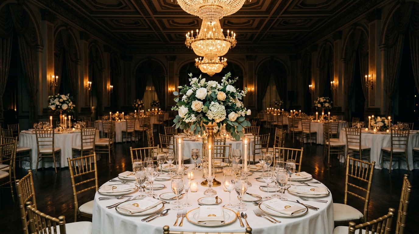 Gala firmowa — elegancko nakryte stoły i goście